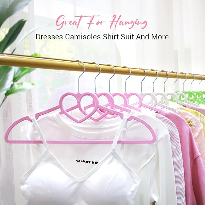 Plastic Hangers 20 Pack, Pink Hangers Ultra Thin Space Saving-Cute Heart hangers Pink Plastic Hangers Clothes Hanger with 360 Degree Swivel Hook -Strong Adult Coat Hangers for Dress,Shirt,Coats