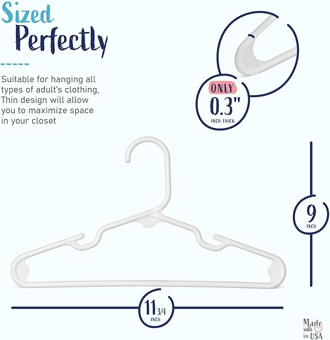 USA Made Premium Children's Clothes Hangers - Very Durable Heavy Duty Tubular Kids Hangers Plastic, Baby Hangers for Closet, 60 Pack (White)