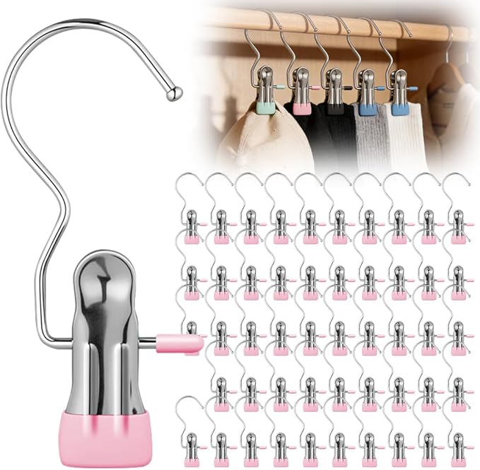 50 Pcs Heavy Hanger Clips for Closet, Multi Functional Clips with Hook for Hanging Clothespin, Hook Hangers with Clips for Clothes Pants Hats Socks and Boots (Pink)