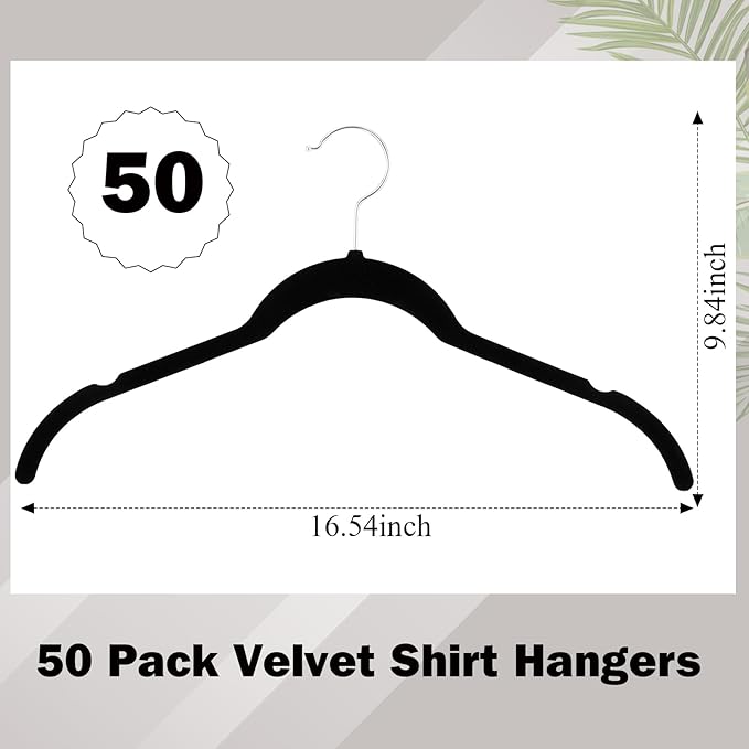 50 Pack Velvet Hangers Non-Slip Shirt Clothes Hangers 360° Swivel Hook Slim Flocked Coat Hanger Heavy Duty Space Saving Felt Hanger for Women Men Pants Jackets Dress(Black)