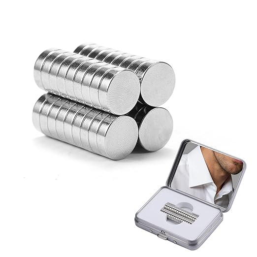 Mirror Box Magnets for Metal Collar Stays- 36Pcs N42 Strong Magnets in Portable Metal Case for Dress, Sport, and Casual Shirts (0.35 * 0.1IN,Silver)