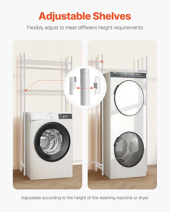 VEVOR Over The Washer and Dryer Storage Shelf, 4 Tier Laundry Room Drying Rack with Hanger Rod and Hooks, Adjustable Over Washer and Dryer Shelves, Laundry Room Shelf Storage Space Saver, White