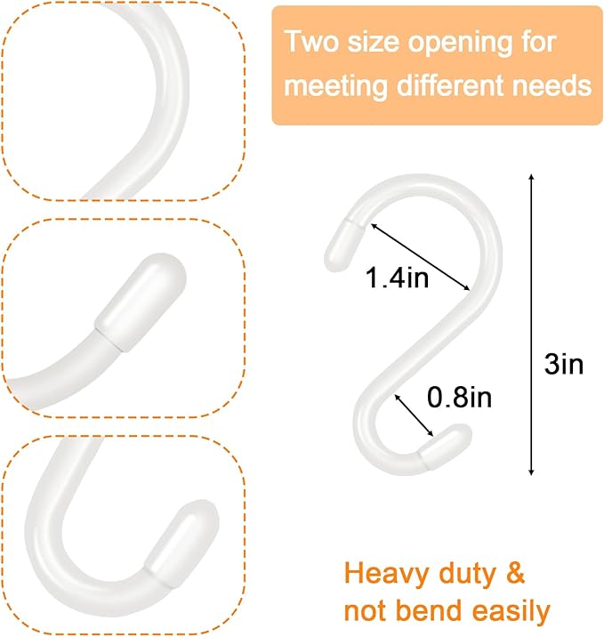 24 Pack 3 Inch S Hooks for Hanging Plants, Small Heavy Duty Vinyl Coated Non Slip White Hooks, Pot Rack Closet Hooks for Clothes, Kitchen Utensils, Pots, Pans, Bags
