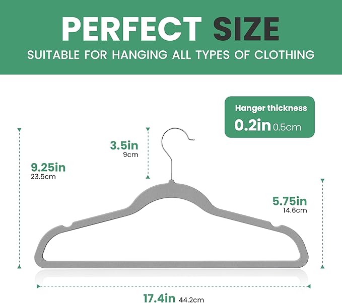 InfiniPower 70 Pack Velvet Hangers, Heavy Duty Clothes Hanger for Coat, Pants & Dress, Non-Slip Hanger Set with Shoulder Notches, 360° Swivel Hook, Space Saving Felt Hangers, Grey