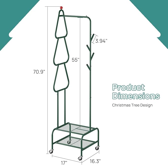 Coat Rack with Wheels, 4 Hooks Rolling Garment Rack, 360° Swivel Wheels with Brake, Heavy Duty Metal Rustproof for Entryway Bedroom
