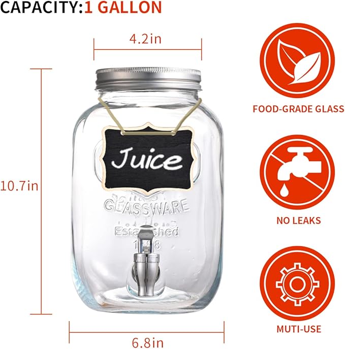 Eleganttime 1 Gallon Glass Drink Dispensers for Parties,2 Pack Beverage Dispenser with Fruit Infuser,Laundry Detergent Dispenser Punch Bowls Water Juice dispensers with Easy Flow Spigot for Outdoor