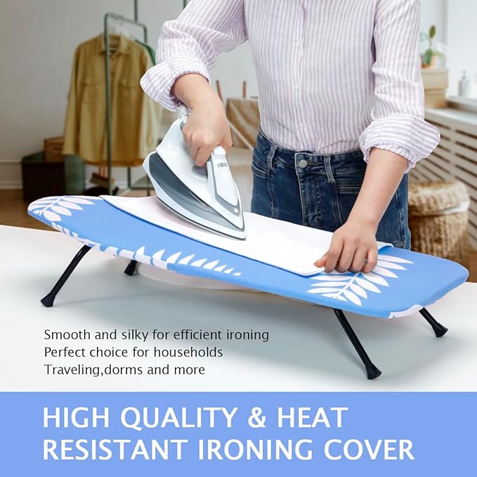 SheeChung Mini Ironing Board 12"x32",Tabletop Ironing Boards with Removable Cotton Cover and Pad,Mesh Metal Base Iron Table,Foldable Small Ironing Board for Home Dorm Travel,Blue Leaf