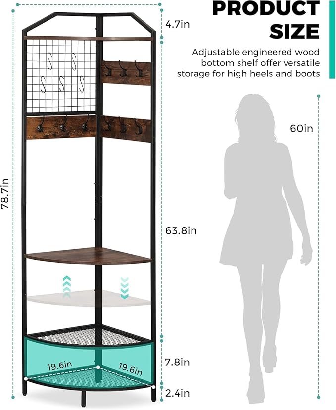 Corner Coat Rack, 78" Corner Hall Tree with Bench and Shoe Storage, Adjustable Height Floor Standing Clothes Shoes Rack with 14 Metal Hooks for Entryway, Home, Office, Bedroom (Rustic Brown 1)