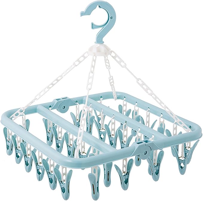 Laundry Hanger, with 32 Clips Foldable Clothespin Drying Rack for Socks Underwear Bras Scarf S Blue (Blue)