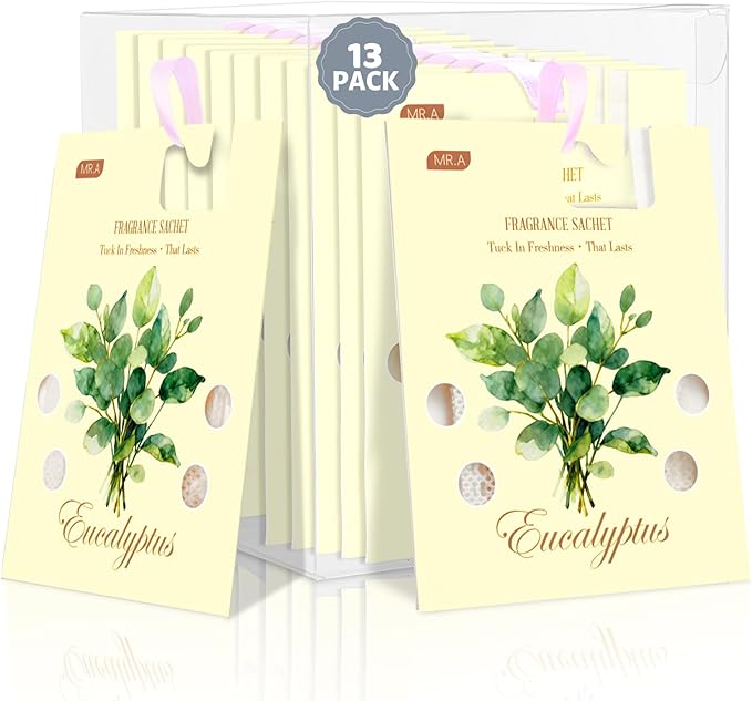 MR.A 13 Packs Eucalyptus Scented Sachets, Fragrance Sachet Bags for Drawers and Closets, Air Fresheners for Car and Home, Closet Deodorizer Scented Drawer Fresheners for Dresser with Hanger Hooks