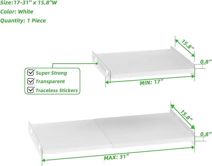 SANNO Expandable Closet Shelf Organizer, Adjustable 17-31" Tension Shelf with Heavy-Duty Adhesive - DIY Shelf Dividers for Cabinet, Pantry, Wardrobe, Kitchen, 2 Pack