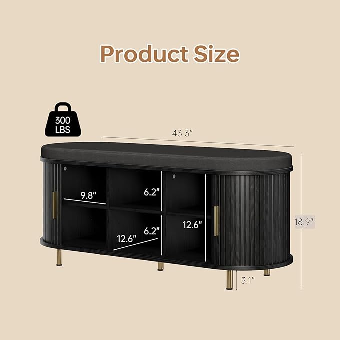 Entryway Bench with Storage: 43.31" Wooden Bedroom Shoe Bench with Thickened Padded Seat Cushion, Mid Century Modern Fluted Sliding Door and Adjustable Shelf, for Entryway, Living Room