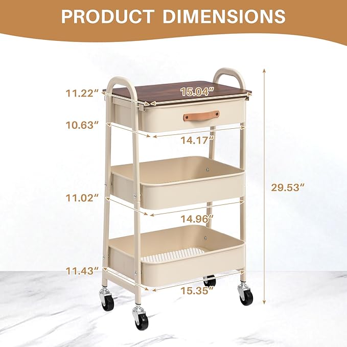 AGTEK Rolling Cart with Drawer, 3 Tier Movable Metal Utility Organizer with Wooden Board, Mobile Trolley Cart for Home & Office, Beige