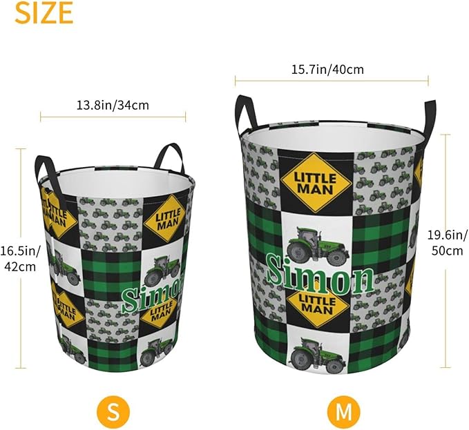 Green Farm Tractor Tractor Personalized Laundry Hamper Custom with Name Collapsible Waterproof Storage Basket with Handles for Bedroom Decor Gift.