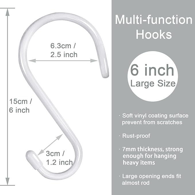 HiGift 8 Pack 6 inch White S Hooks for Hanging, Large Vinyl Coated Metal S Hooks Heavy Duty, Non Slip Rubber Coated Closet Rod Hooks for Hanging Jeans,Plants,Purse,Clothes,Bags,Pans,Pots,Cups,Towels