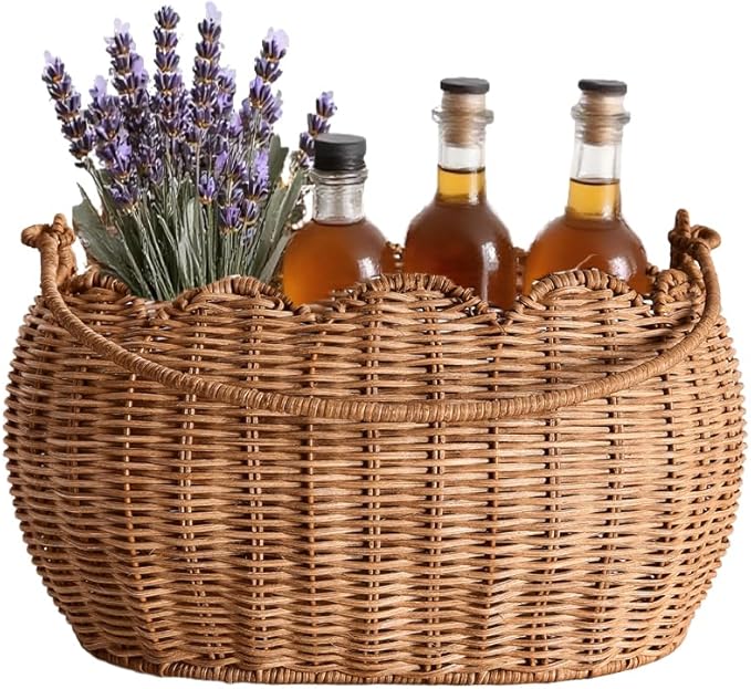 Scalloped Round Basket with Handle, Super Sturdy Wicker Storage Baskets, Hand Woven Basket for Shelves,Natural Baskets for Organizing (Rattan(12.6 * 9 * 6.1))