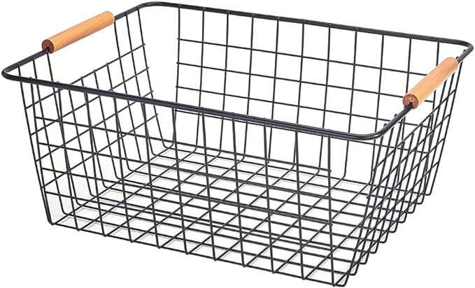 LeleCAT Large black wire basket for Organizing with Wooden Handles,pantry refrigerator organizers and storage,Snack Storage Baskets for Cabinets, Closets, Bedrooms, kitchen -2pack（Black）