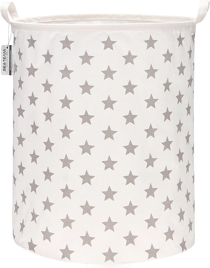 Sea Team 19.7 Inches Large Sized Waterproof Coating Ramie Cotton Fabric Folding Laundry Hamper Bucket Cylindric Burlap Canvas Storage Basket with Stylish Stars Design (19.7", Grey Star)