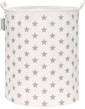 Sea Team 19.7 Inches Large Sized Waterproof Coating Ramie Cotton Fabric Folding Laundry Hamper Bucket Cylindric Burlap Canvas Storage Basket with Stylish Stars Design (19.7", Grey Star)