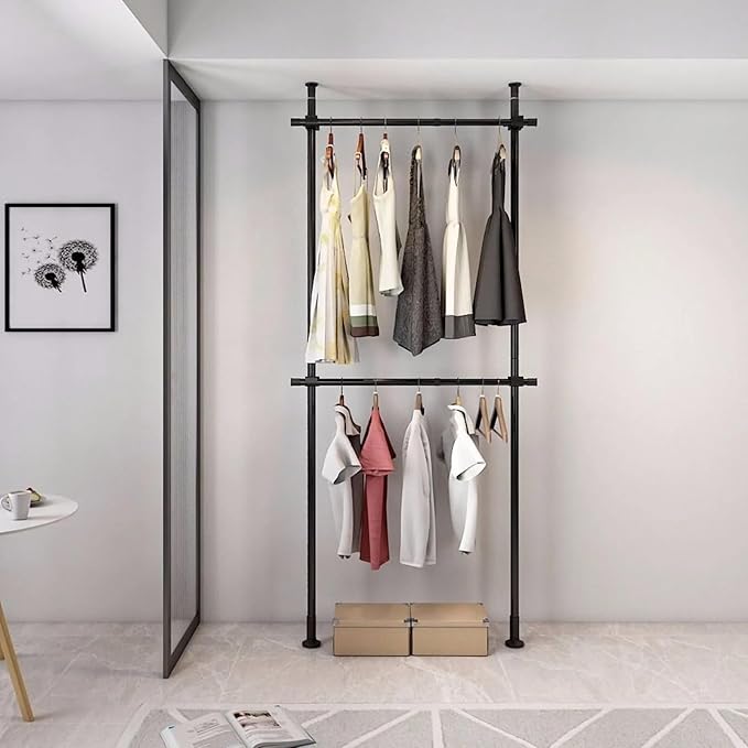 Free Standing Floor Ceiling Laundry Drying Rack, Hanging Clothes Adjustable Garment Rack Heavy Duty Clothes Hanger, 2 Tier Adjustable Telescopic Garment Rack
