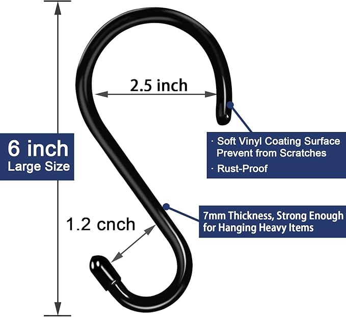 HiGift 6 Inch Large S Hooks for Hanging Heavy Duty, Non Slip Vinyl Coated S Hook for Closet, Steel Metal Black Rubber Coated S Hooks for Hanging Plant Jeans Pot Pan Clothes Purse Towel Bags- 4 Pack