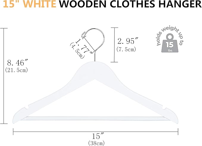Amber Home 20 Pack 15" White Wooden Clothes Hangers for Woman, Teenager Clothing Hangers for Shirt Jacket, Solid Wood Dress Coat Hangers with Non Slip Pants Bar (White, 20)