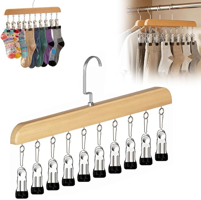 Legging Organizer for Closet, 2026 New Closet Organizer with 10 Clips, 360° Rotating Space Saving Hanging Clothes Organizer Hanging Rack for Holds 20 Leggings, Jeans, Hats, Shorts, Socks (1, Wood)