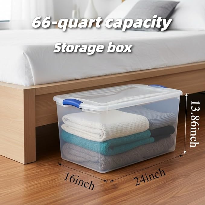 2-Pack 66 Quart Clear Plastic Storage Bins with Latching Lids, Blue Stackable Organizing Totes for Garage, Closet, and Home Organization