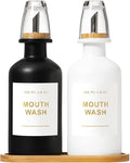 11.8OZ Mouthwash Dispenser for Bathroom with Bamboo & Stainless Steel Pour Spout, Mouthwash Cups Reusable, Bamboo Tray, and Elegant Gold Label. Set of 2（Black/White