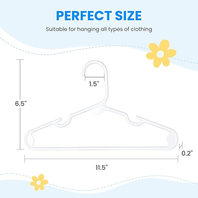 InfiniPower 60-Pack Kids Plastic Hangers, 11.5" Non-Slip & Space-Saving Hangers for Toddler & Infant Clothes, Shirts, Pants, Coats, Skirts, White