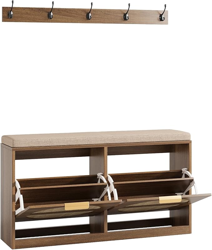Maupvit Rattan Entryway Bench with Seat Cushion & Coat Rack, Shoe Storage Cabinet with 2 Flip Drawers, Narrow Shoe Rack, 5 Sturdy Metal Hooks, Rustic Oak Rattan