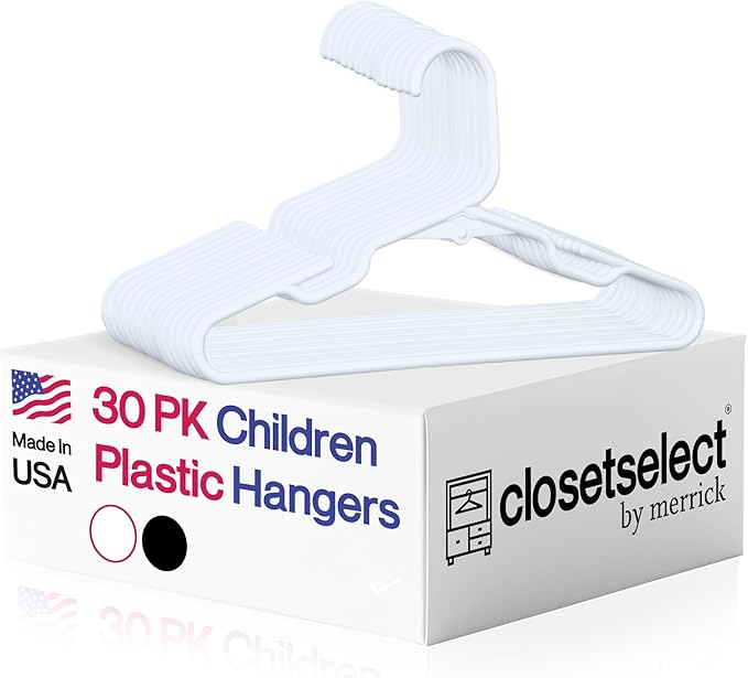Childrens Hangers 30 Pack - 11.75 Inch Plastic Kids Hangers for Closet, Baby Hangers for Children Clothes Sizes 0 to 8, Non-Slip Infant Hangers with Shoulder Grooves, Made in USA | White