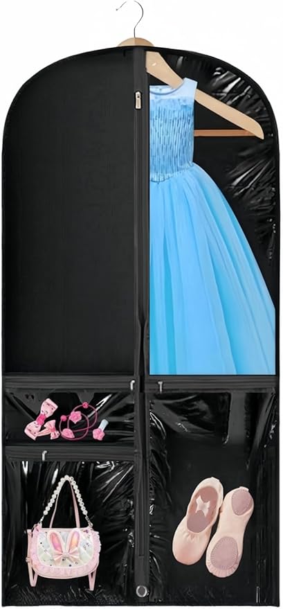 Clear Dance Costume Garment Bag, 39 Inch Garment Bag for Dance Competitions, Kids Hanging Clothes Cover for Girls Closet Storage with 3 Zippered Pockets