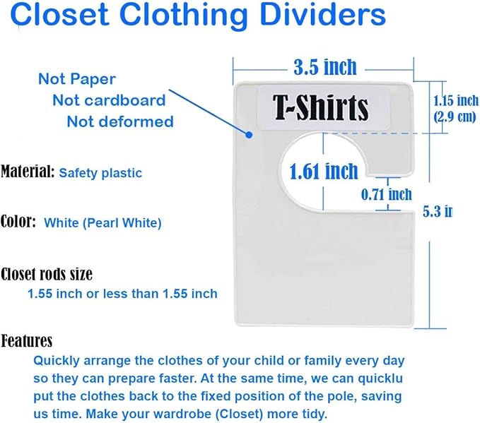 32 Pack White Clothing Rack Size Dividers Plus 150 Labels (1 Inch) and 40 Large Blank Labels, Large Rectangular Clothing Closet Dividers (Pearl White)