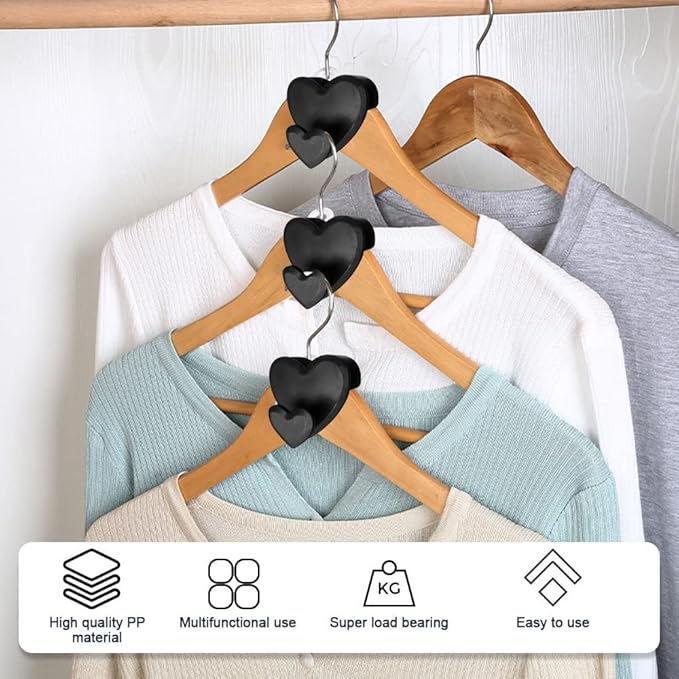 36 pcs Space Save Hanger Hooks, Clothes Hanger Connector Hooks, Space Save Closet Organizers, Triangles Hooks for Hanger,AS-seen-on-tv, Heart-Shaped Black