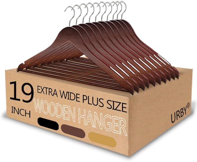 Urby Extra Wide Hangers for Plus Size Clothes, Ganchos para Colgar Ropa,19 Inch Plus Size Hangers Ideal for XL, XXL Shirts, Coats, Dresses, Etc. Wood. Walnut 10pk