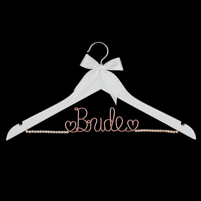 Ella Celebration Bride to Be Wedding Dress Hanger Wooden and Wire, Accented with Beads and a Bow Bridal Hangers for Brides (White with Rose Gold Wire and Rose Gold Beads)