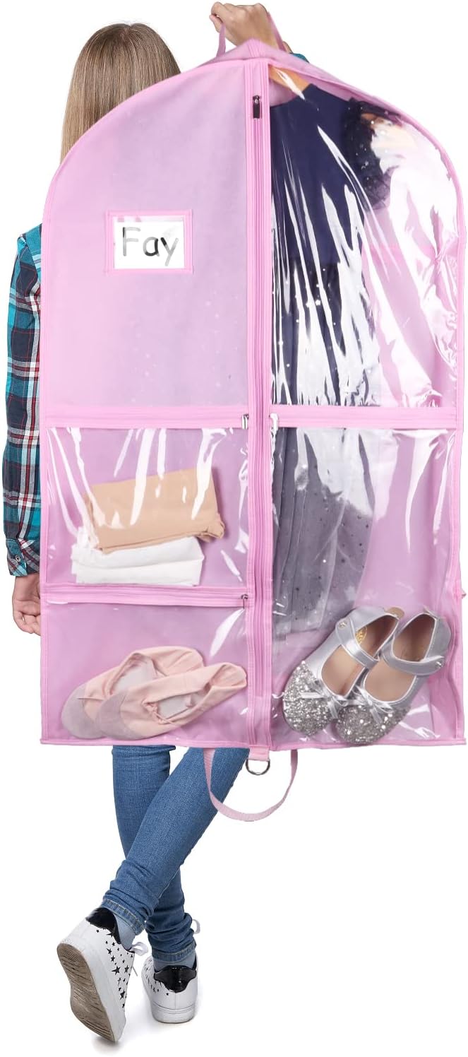 Zilink 40" Dance Garment Bags for Dancers Clear Garment Bags for Dance Costume with 5 Clear Zipper Pockets Stable Buckles and Carry Handles for Dance Competition Closet Storage, Set of 3