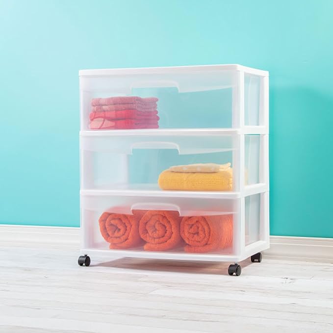 Sterilite Wide 3 Drawer Storage Cart, Plastic Rolling Cart with Wheels to Organize Clothes in Bedroom, Closet, White with Clear Drawers, 4-Pack