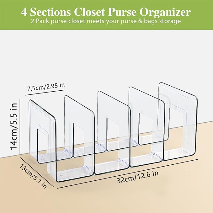 2 Pcs Purse Organizer for Closet, Acrylic Clear Purse Storage Organizers, Closet Organizers and Storage Purse Handbag Divider Holder, 4 Sections Purse Organizers Dividers in Bedroom Office (white)