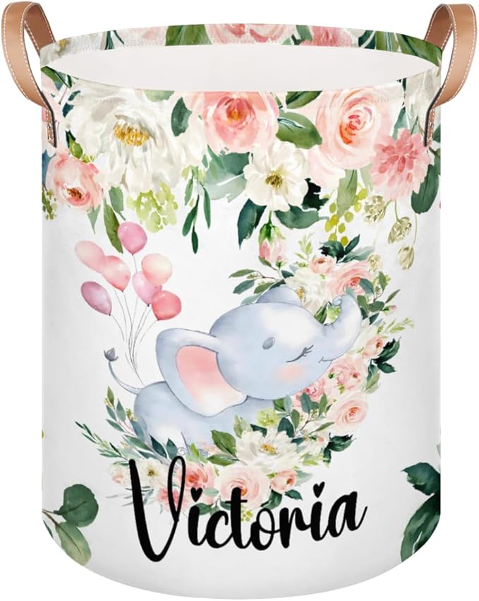 Personalized Laundry Basket, Custom Gift Laundry Hamper, Collapsible Nursery Waterproof Laundry Baskets, Dirty Clothes Toy Hamper with Handles Pink Floral Elephant Sleep