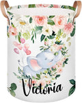 Personalized Laundry Basket, Custom Gift Laundry Hamper, Collapsible Nursery Waterproof Laundry Baskets, Dirty Clothes Toy Hamper with Handles Pink Floral Elephant Sleep