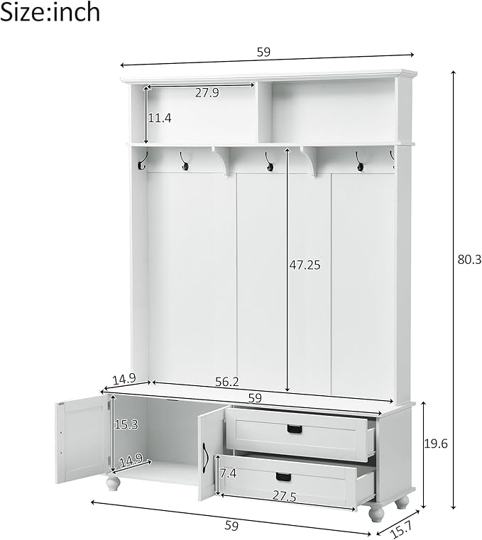 80.3" Tall Hall Tree with Storage Cabinet and 2 Large Drawers, Modern Wooden Coat Hanger with 5 Coat Hooks and 2 Open Shelfs, Storage Bench, Entryway Bench