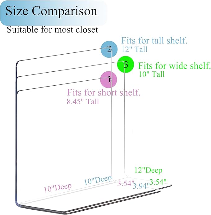 Shelf Dividers for Closet Organization - 10" Tall x 12" Deep Acrylic Closet Dividers for Shelves - Clear Free-Standing Shelf Separators for Clothes Sweater Purse