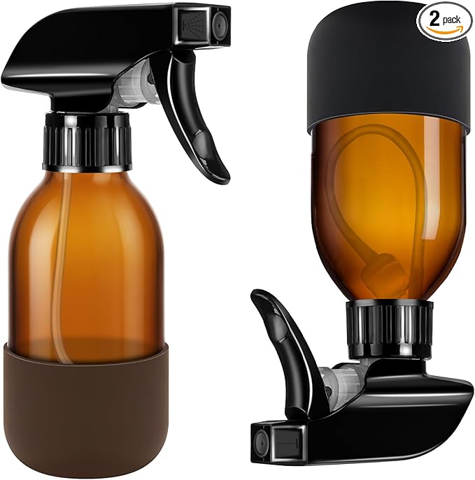 Tecohouse 2 Pack 360° Amber Glass Spray Bottles with Silicone Sleeve, 4 oz Empty Refillable Containers with Adjustable Spray Nozzles, Spray Bottles for Cleaning Solutions, Hair, Plants (Black & Brown)