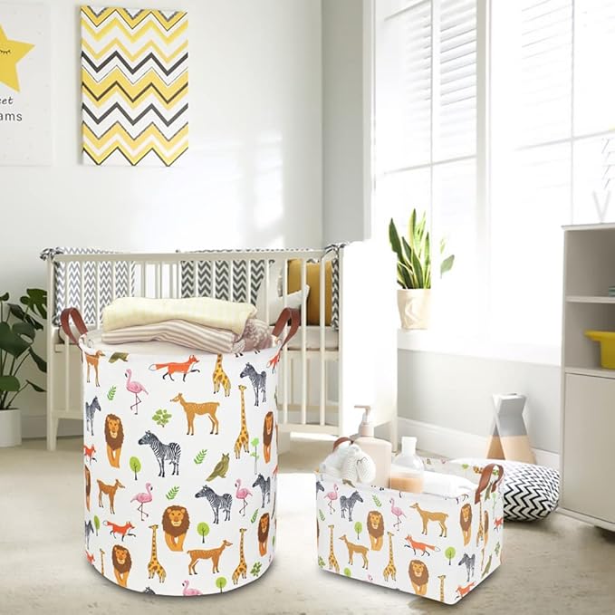 CLOCOR Rectangular Storage Basket,Collapsible Woodland Jungle Forest Printed Storage Bin,Rectangular Waterproof Gift Box with Handles,Playroom Decor(Jungle Animals)