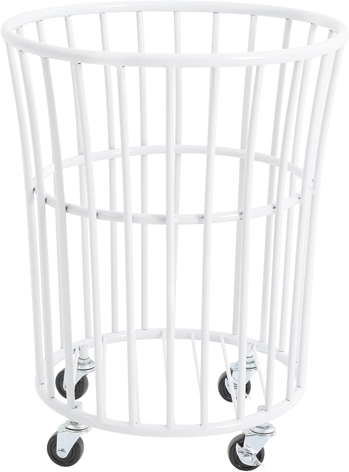 Metal Laundry Basket, Rolling Laundry Hamper with Wheels, Round Mesh Iron Basket Storage Clothes Organizer with Locking Casters for Laundry Room Bathroom Bedroom Closet Dorm (White)
