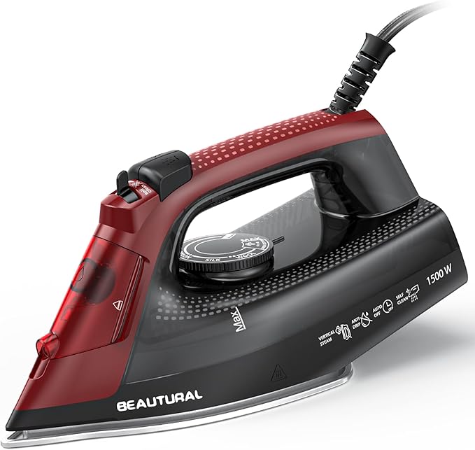 BEAUTURAL Steam Iron for Clothes, Ceramic-Coated Soleplate with Burst Steam, 3-Way Auto Shutoff, Anti-Drip and Anti-Calc, Self-Cleaning, 1500W Powerful for Home Use