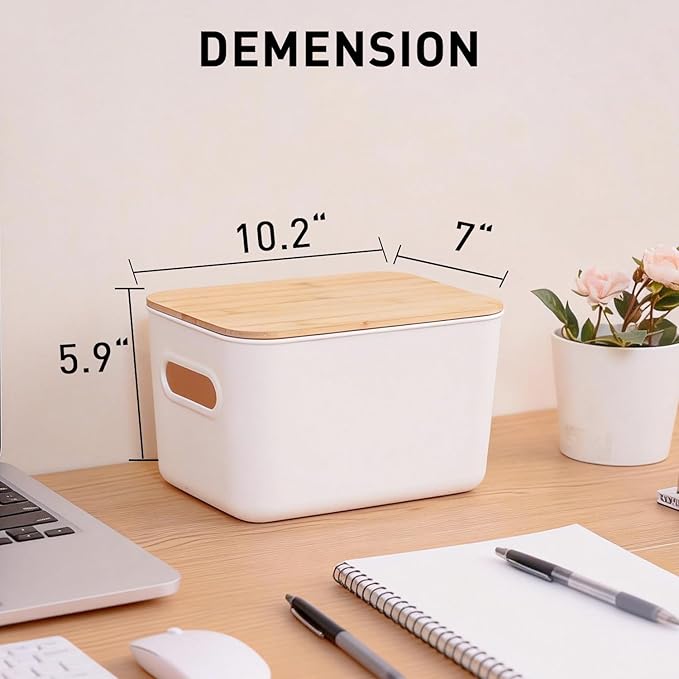 Citylife 4 PCS Storage Bins with Bamboo Lids Plastic Storage Containers for Organizing Stackable Storage Box with Handle, 10.23 x 7.08 x 6.3 inch