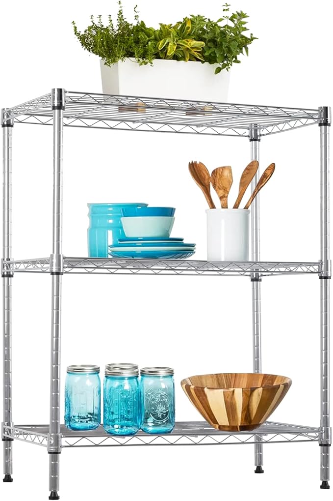 3-Tier Metal Wire Shelving Unit, Heavy Duty Adjustable Storage Rack for Laundry Room, Pantry, Kitchen, Garage Organization and Storage, Small Space Shelves (Chrome, 23"L × 13.2"W × 30.2"H)